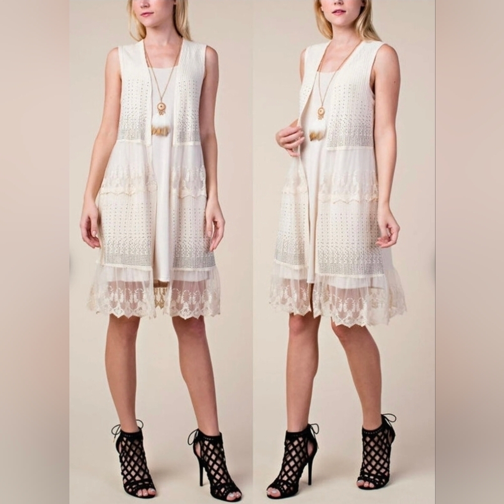 Vocal Ivory Crystal Boho Vintage Lace Ruffle Sleeveless Cardigan Vest Duster XL